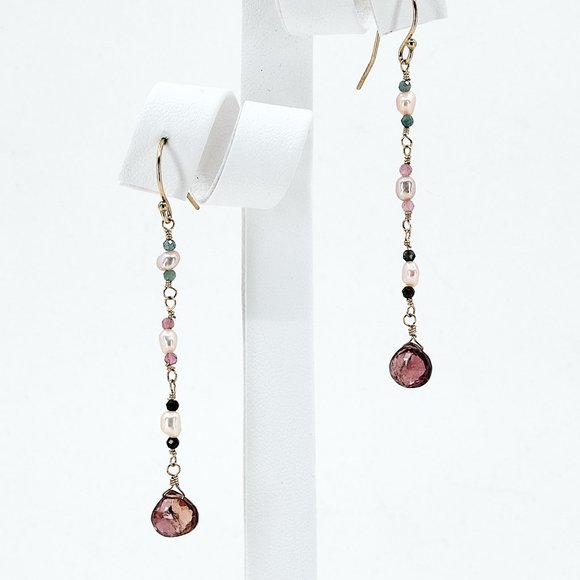 Tourmaline & Small Pearls Dangle Earrings, 14K Gold Filled Dainty Earrings - Picture 4 of 9